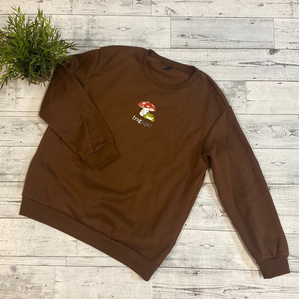 Shein Medium, Women’s, Brown Sweater, Frog mushroom design,